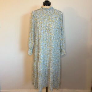 NWT Light Blue Floral Ruffle High Neck Long Sleeve Pleated Midi Shift Dress, XXL
